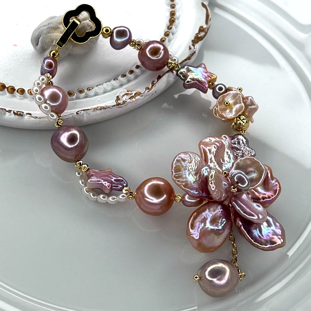 😍😍Handmade Pink Freshwater HQ Keshi Star Edison Pearl Braided Bracelet